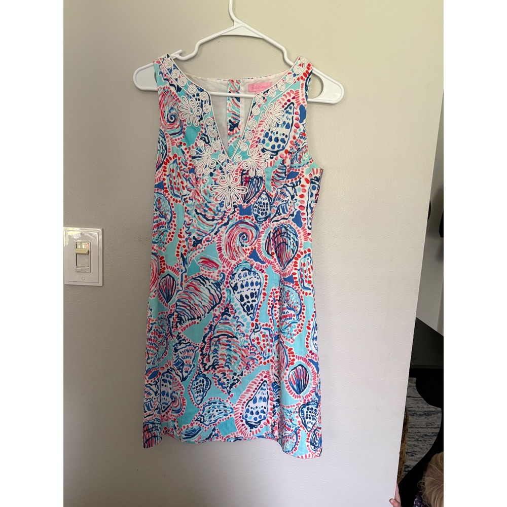 Lilly Pulitzer Mila Shift Dress Blue Pink Seashell Soutache Embroidered Size 2